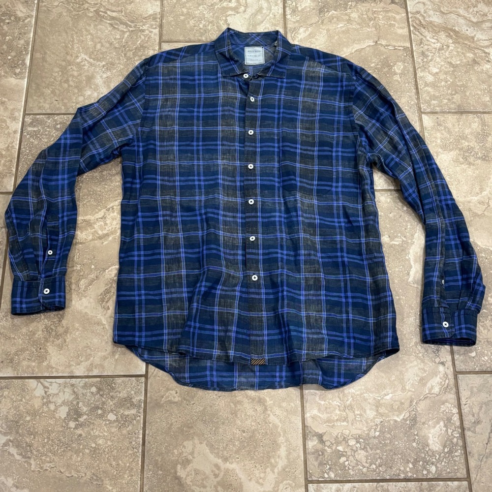 Billy Reid Mens XL Blue Plaid Linen Button Down Shirt Standard Cut Long Sleeve